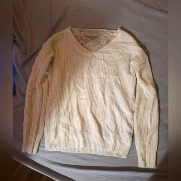 Poof Apparel - White, Lace-Back Knit Sweater - Picture 1 of 4